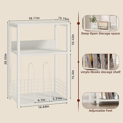 LELELINKY Large White Record Player Stand, 3 Tier 18" Wide Big End Table with Vinyl Storage Up to 130 Albums, Industrial Turntable Printer Tables, Modern Side Tables for Living Room, Bedroom, Office