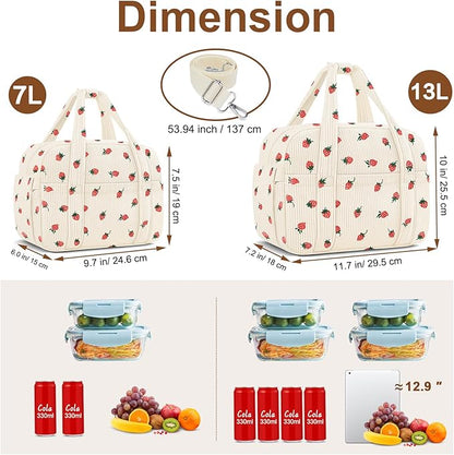 Corduroy Lunch Box Lunch Bag for Women Men, Cute Strawberry Small Insulated Reusable Work Leakproof Simple Lunch Boxes Tote Bag Adults Cooler Bag
