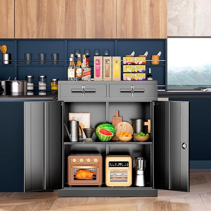 INTERGREAT Metal Garage Storage Cabinets with Lock,Steel Storage Cabinet with 2 Doors and 2 Adjustable Shelves, Small Lockable Office Steel Cabinet for Home, Warehouse, School(Black)