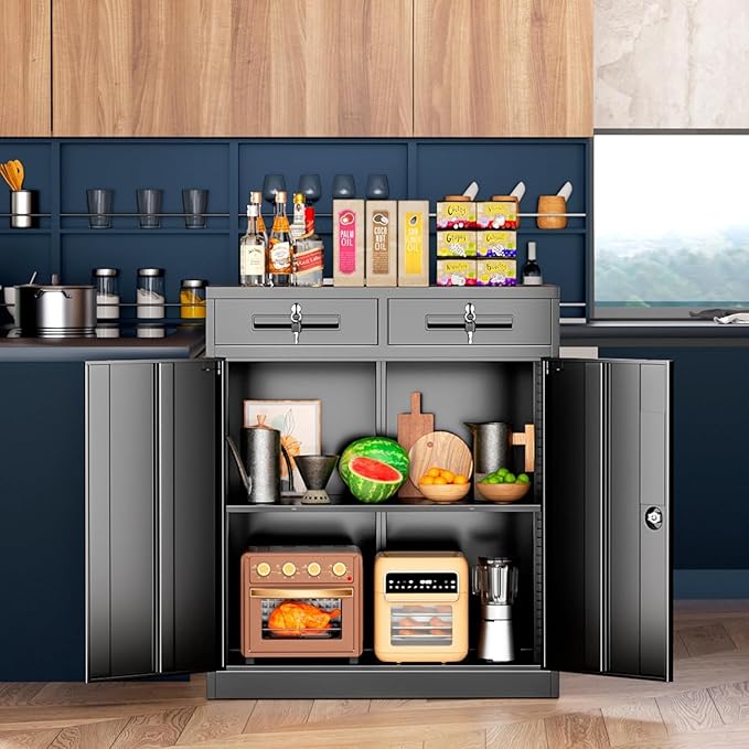 Bonusall Garage Storage Cabinet with 2 Drawers,36" Metal Office Cabinets with Doors and Shelves,Steel Cabinet for Home Office,School,Warehouse(Black)