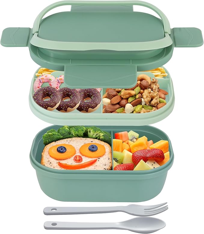 Leakproof Lunch Box, Drop-Proof Bento Box for Kids & Adults, BPA-Free Lunch Containers with Sleek Handles & Utensils, Microwave & Dishwasher Safe (Green)