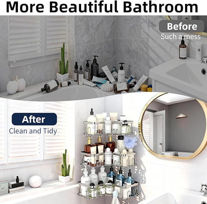 Menbyci 3 Pack Corner Shower Caddy, Adhesive Bathroom Shelves with 18 Hooks, Drill-Free & Quick-Dry Shower Organizer with Large Capacity, Rustproof Stainless Steel Bathroom Corner Storage Rack, Silver