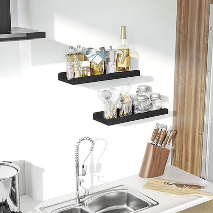 Love-KANKEI Floating Shelves Wall Mounted Set of 2, 17 Inch Rustic Wood Wall Shelves for for Storage, Bedroom Living Room Bathroom Kitchen Office and More Black
