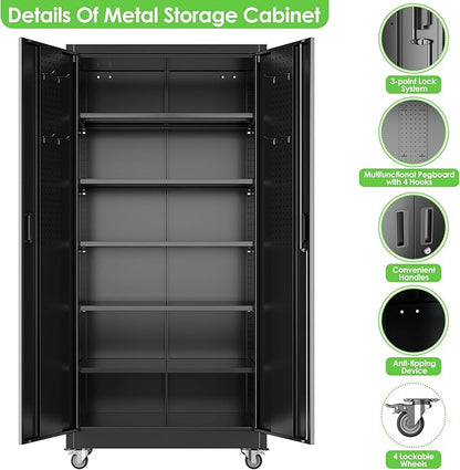 Garage Storage Cabinet with Wheels and Pegboard, Lockable Metal Storage Cabinet with 5 Adjustable Shelves and 4 Hooks for Garage,Warehouse, Assembly Required, Black, 71" H x 34" W x 18" D
