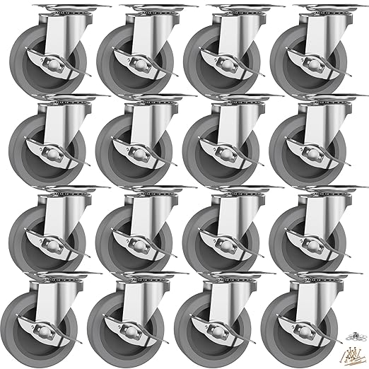 3 Inch Caster Wheels, Casters Set of 16, Heavy Duty Caster with Brake, Locking Castors with Rubber Wheel，Plate Swivel Caster Wheels for Furniture Cart and Workbench,Pack of 16