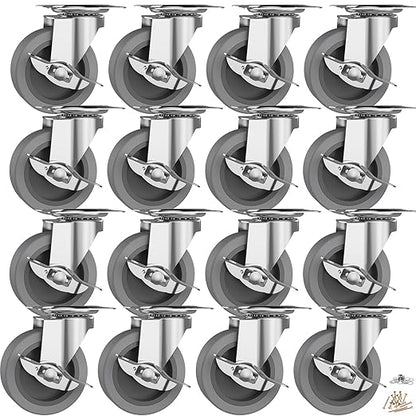 3 Inch Caster Wheels, Casters Set of 16, Heavy Duty Caster with Brake, Locking Castors with Rubber Wheel，Plate Swivel Caster Wheels for Furniture Cart and Workbench,Pack of 16