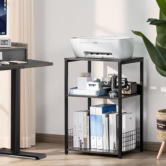 LELELINKY 3 Tier Farmhouse Drak Gray End Table, Large 18" Wide Record Player Tables with Vinyl Storage Shelf, Industrial Turntable Printer Stands, Modern Side Tables for Living Room, Bedroom, Office