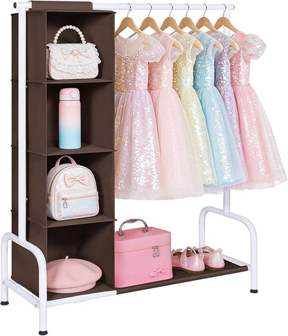Univivi Kids Clothing Rack with Hanging Organizer, Short Toddler Dress Up Storage Rack for Hanging Clothes, Kids Wardrobe Closet for Baby Clothes, Dance Costumes, Brown/White