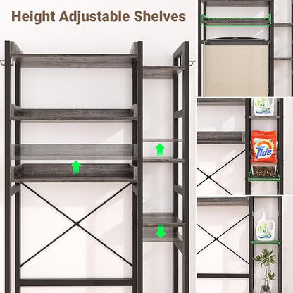 Over The Toilet Storage with 2 Drawers - 7 Tier Bathroom Organizer with Adjustable Shelf, Freestanding Space Saver Storage Rack Above Toilet Stand with 4 Hooks for Restroom, Laundry, Grey Oak