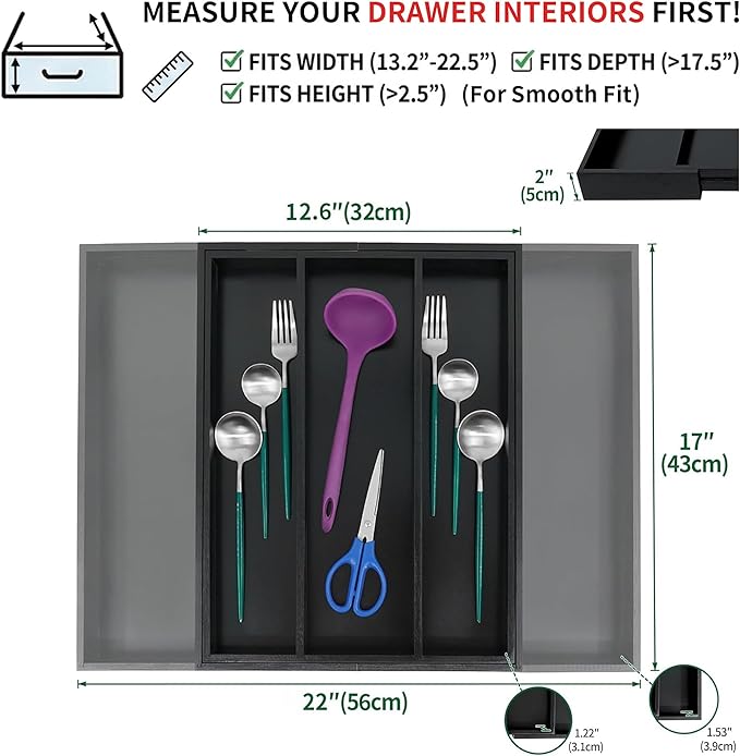 Utoplike Bamboo Drawer Organizer Kitchen Utensils, Adjustable Black Silverware Holder and Cutlery Tray Organiser, Expandable Drawer Divider for Flatware, Knives in Kitchen, Bedroom, Living Room