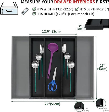 Utoplike Bamboo Drawer Organizer Kitchen Utensils, Adjustable Black Silverware Holder and Cutlery Tray Organiser, Expandable Drawer Divider for Flatware, Knives in Kitchen, Bedroom, Living Room
