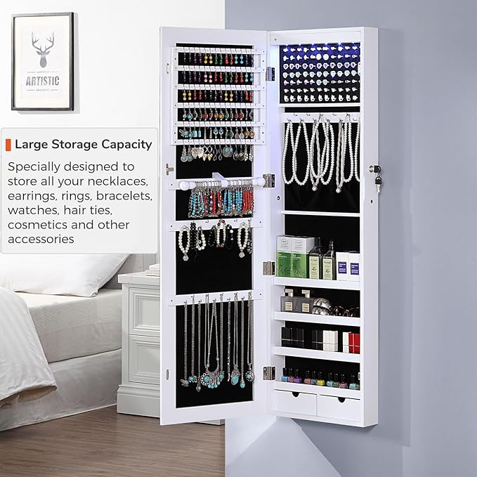 GISSAR Jewelry Organizer Full Length Mirror Jewelry Cabinet Standing/Wall/Hanging Door Jewelry Armoire Storage with Lights, Lockable, White