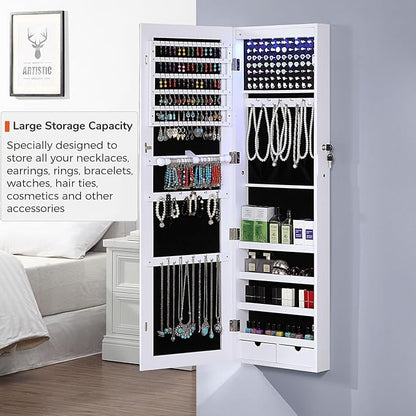 GISSAR Jewelry Organizer Full Length Mirror Jewelry Cabinet Standing/Wall/Hanging Door Jewelry Armoire Storage with Lights, Lockable, White