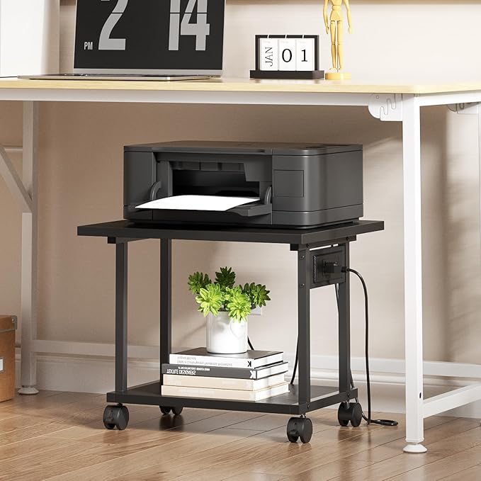 Printer Table, 2-Tier Under Desk Printer Stand with Charging Station, Printer Stand with Wheels, PrinterShelf for Small Spaces, Printer Cart for Home Office Black