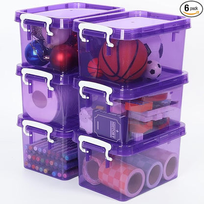 6 Pack 4 Quart Colorful Plastic Storage Bins with Lids Stackable Storage Bins with Latching Lids Handle Clear Colored Storage Organizer Bins for Home Office Pantry Containers(Purple)