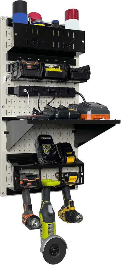 Wall Control Power Tool Storage Organizer Kit Cordless Drill Holder Charging Station Rack 16” x 32” Metal Pegboard Organization System (Beige Pegboard)