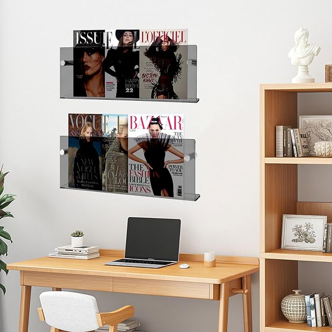 2 Pack Acrylic Magazine Holder Rack Brochure Holder Wall Mount, 17 Inch Hanging Bookshelf Magazine Rack, Floating Bookshelf Brochure Display Organizer for Home, Office, Reception Area