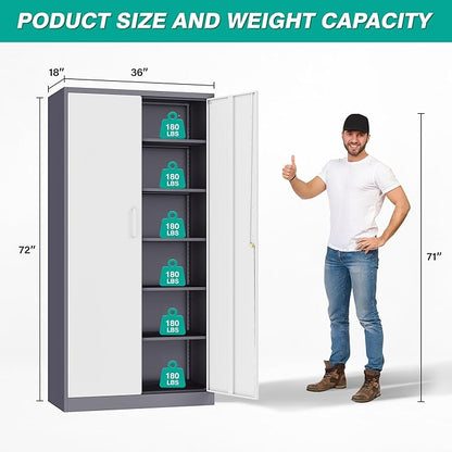 Wide & Deep Metal Storage Cabinet with 2 Doors and 5 Adjustable Shelves,72 inch Tall Locking Garage Storage Cabinet with Lock,Gray White Pantry Cabinets,Steel Cabinets for Home,Office,Garage 72x36x18