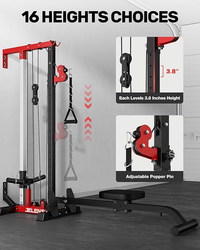 RC01 Foldable LAT Pulldown Machine with Adjustable seat, Wall Mount Cable Station with 16 Adjustable Positions, Cable Machine Home Gym 2 in 1, Functional Trainer with Rowing and LAT Pulldown