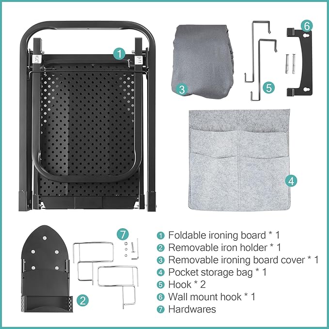 Seiritex Over The Door Ironing Board 13x36 inches with Iron Holder and Pocket Storage Bag, Hanging Iron Board for Home Laundry Room, Black