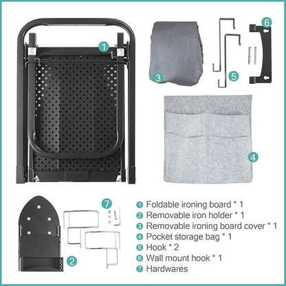 Seiritex Over The Door Ironing Board 13x36 inches with Iron Holder and Pocket Storage Bag, Hanging Iron Board for Home Laundry Room, Black
