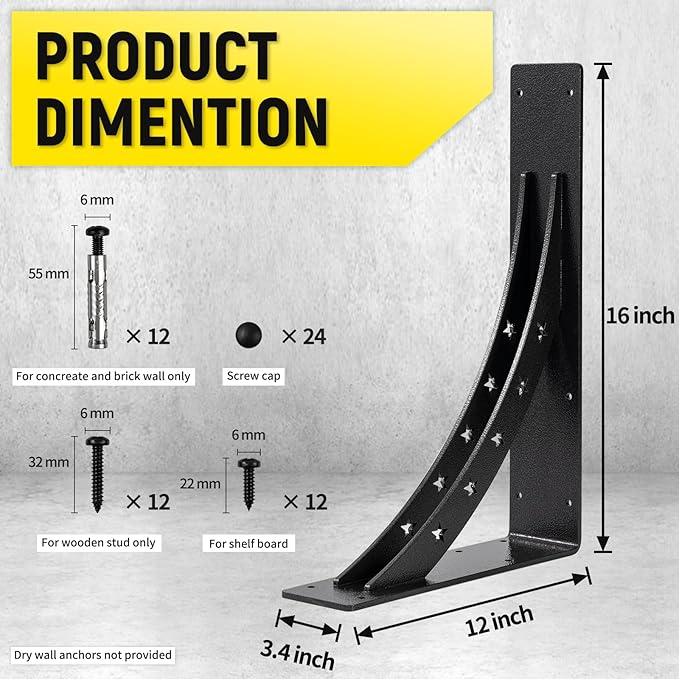 16 inch x 12 inch Heavy Duty Shelf Brackets，max Load 900 LBS,Premium Alloy Metal Mantel Brackets , (Set of 2) Countertop Support Brackets (Black-Metallic Silver)
