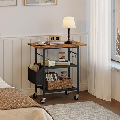 3-Tier Printer Stand, Rolling Printer Table on Wheels, Industrial Storage Stand with Side Pocket, Wooden Tabletop, 2 S-Shaped Hooks, for Home Office, Rustic Brown and Black PTHR2501