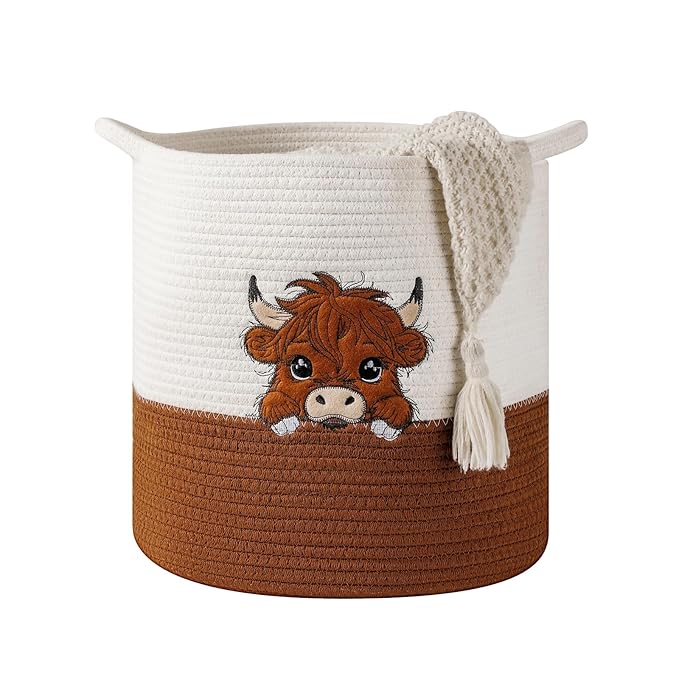 INough Large Blanket Baskets for Living Room, Highland Cow Storage Baskets for Toys Organizer Woven Cotton Rope Basket for Kids, Clothes Hamper with Embroidery Highland Cow Decor for Nursery Laundry