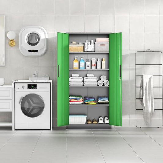 Bonusall 72" Metal Garage Storage Cabinet， Heavy-Duty Steel Cabinet with 2 Locking Doors & 5 Adjustable Shelves for Home, Office, or Workshop Organization(Black Green)