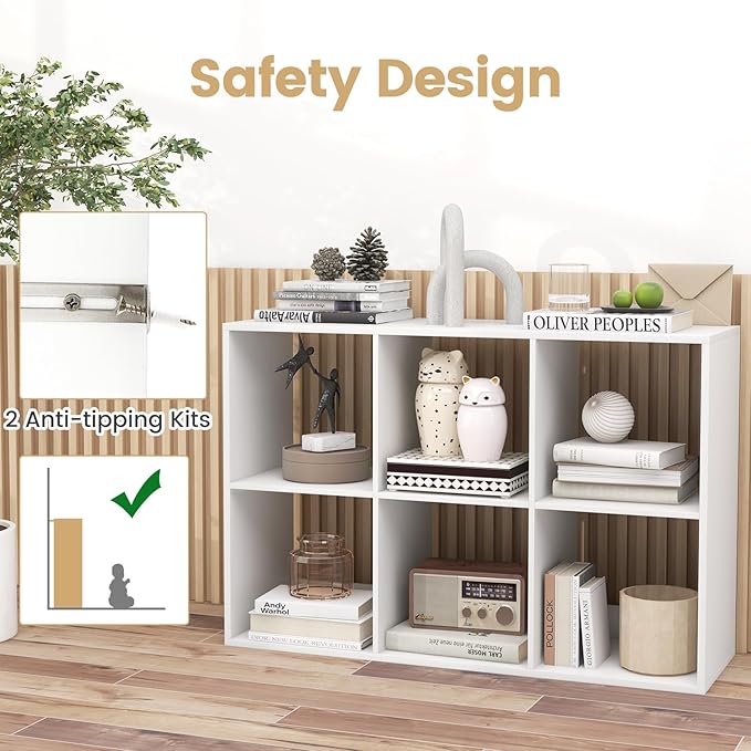 Giantex 6-Cube Bookcase, White Cubby Bookshelf w/Back Guardrail & Anti-Tipping Kits, 9-Tier Freestanding Storage Organizer with Shelves, Open Back Display Rack for Living Room, Bedroom, Study