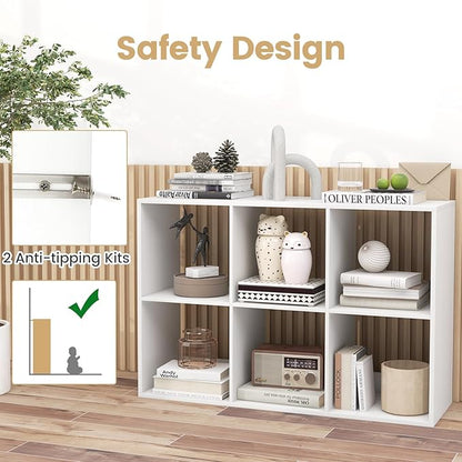 Giantex 6-Cube Bookcase, White Cubby Bookshelf w/Back Guardrail & Anti-Tipping Kits, 9-Tier Freestanding Storage Organizer with Shelves, Open Back Display Rack for Living Room, Bedroom, Study