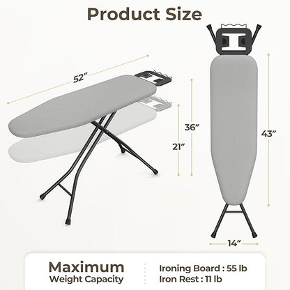 Yaheetech Foldable Ironing Board, Heavy Duty Iron Board with 9 Adjustable Heights, 4 Layer Cover and Safety Iron Rest, 52X14 Compact and Space Save Iron Board for Home Laundry Room Use, Gray