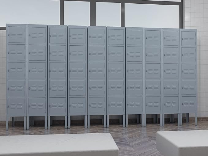 Metal Locker with 5 Doors, 5 Tier Steel Storage Lockers for School, Home, Office, Gym (Grey)