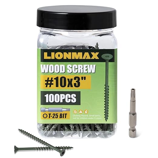 LIONMAX Deck Screws 3 Inch, Wood Screws #10 x 3, 100 PCS, Rust Resistant, Exterior Epoxy Coated, Outdoor Decking Screws, Torx/Star Drive Head Screw, T25 Star Bit Included, Green