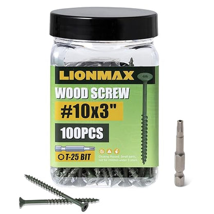 LIONMAX Deck Screws 3 Inch, Wood Screws #10 x 3, 100 PCS, Rust Resistant, Exterior Epoxy Coated, Outdoor Decking Screws, Torx/Star Drive Head Screw, T25 Star Bit Included, Green