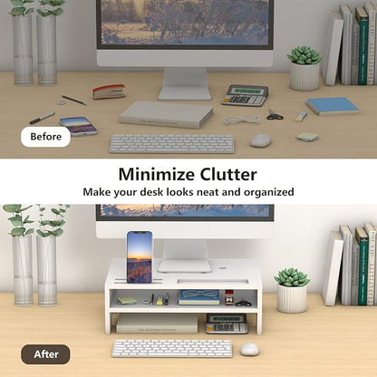 Bambloom Monitor Stand Riser with Storage Organizer Desktop with Cooling Holes Bamboo Laptop Riser Shelf for Office and Home Use 16.7x11.8x5 inch (White)