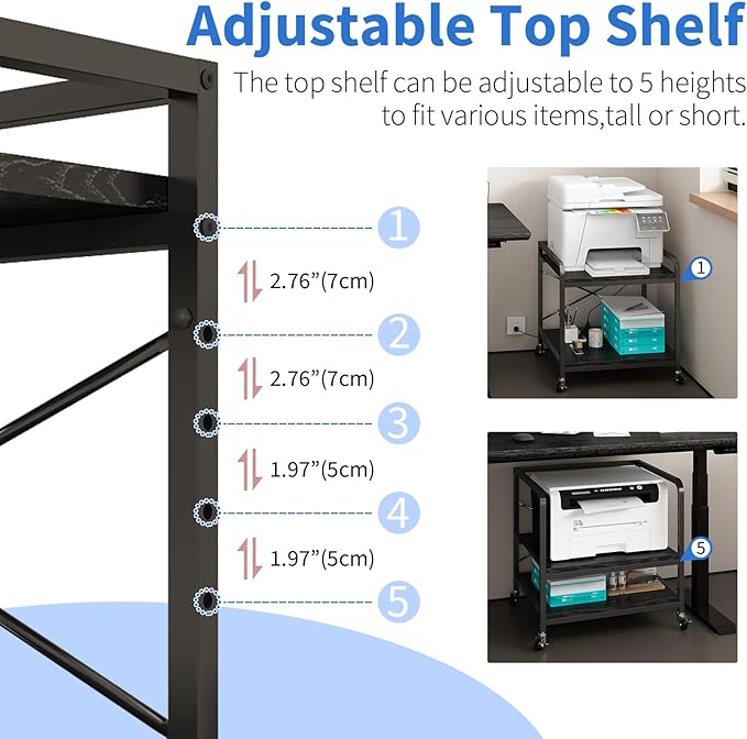 Under Desk Printer Stand with Power Outlet Large Printer Table with Adjustable Shelf,Industrial Wheels, 20 Inches Deep 2 Tier Rolling Printer Cart for Home Office, Black