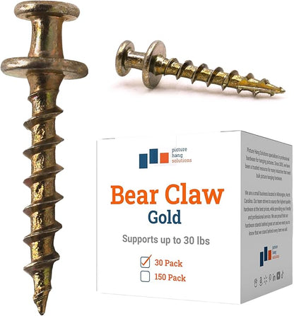 PHS Bear Claw Hanger Screws - 30 Pack Wall Hangers for Pictures - 30 lbs Heavy Duty Picture Hangers for Drywall & Plaster Walls - Gold Picture Hanging Hooks for D-Rings, Sawtooth, Wire and Keyholes