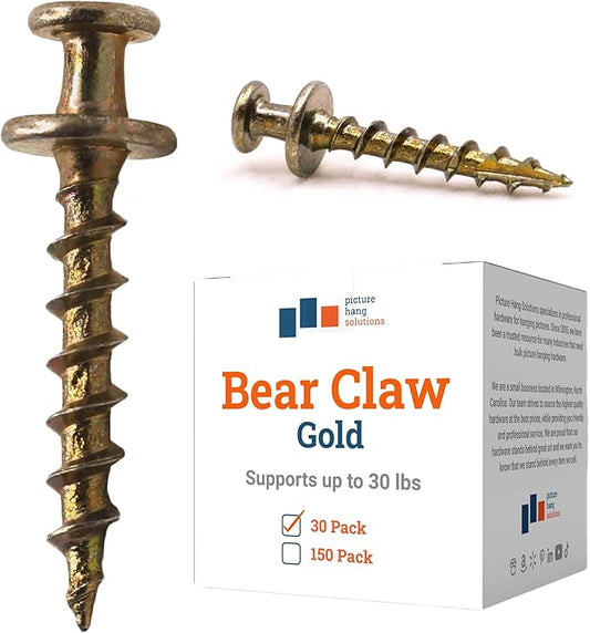 PHS Bear Claw Hanger Screws - 30 Pack Wall Hangers for Pictures - 30 lbs Heavy Duty Picture Hangers for Drywall & Plaster Walls - Gold Picture Hanging Hooks for D-Rings, Sawtooth, Wire and Keyholes