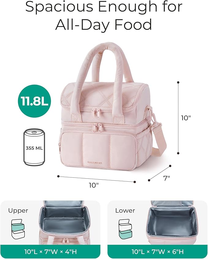 BAGSMART Lunch Bag Women, Double Deck Insulated Lunch Box, Quilted Puffer Lunch Tote, Leakproof, Durable & Reusable Large Lunch Cooler For Work Picnic Travel Meal Prep, Sage Green
