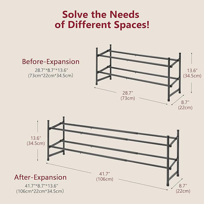 Tajsoon Expandable Shoe Rack for Closet 2 Tier, 28“-41“ Adjustable & Stackable Shoe Shelf Storage, Metal Shoe Rack Organizer for Front Door Entrance, Closet, Garage, Entryway, Black