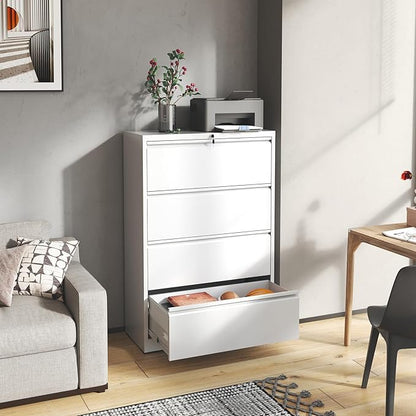 4 Drawer Lateral File Cabinet with Lock, Metal Lateral Filing Cabinet for Home Office, Steel Wide Horizontal Filing Cabinets for Letter/Legal/A4/F4 Hanging Files (White)