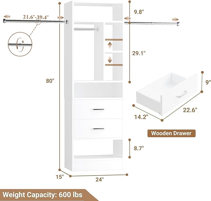 COTUBLR Closet System, 48" W - 105” W Closet Organizer with 24” Tower and 2 Extendable Hanging Rods, Walk-in Wardrobe Garment Rack with 2 Wooden Drawers and 6 Shelves, Fit up to 600 LBS (White)