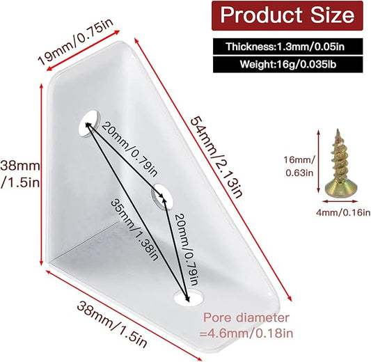 10Pcs White Right Angle Corner Shelf Bracket, 38x38mm Metal Corner Brackets for Wood Desk Bed Cabinet Edge, 1.5x1.5inch 90 Degree Corner Shelf Support Braces, with Mounting Screws