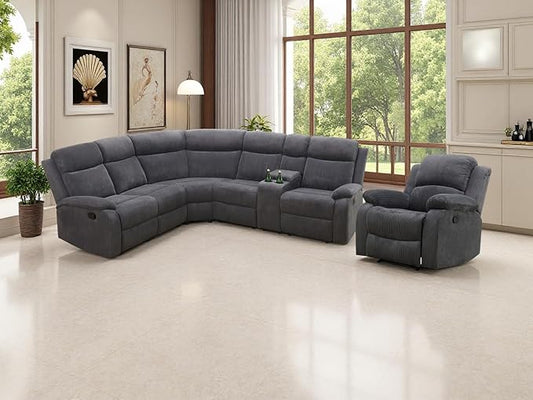 Living Room Furniture Sets, Dark Grey Corduroy Fabric Recliner Sectional Sofa Set with Drop-down Table, Reclining Sofa Couches with 3 Recliner Seats, Cup Holder,Storage Console for Living Room