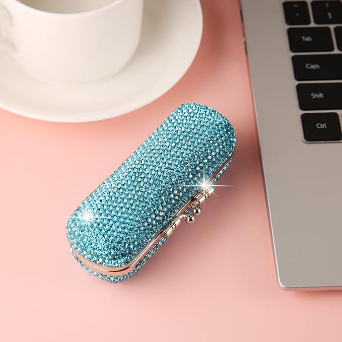 AsAlways Shiny Rhinestone Crystal Portable Lipstick Case with Mirror Portable Bling Diamonds Makeup Cosmetic Storage Holder for Travel Ladies Fashion