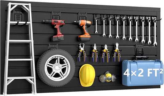 DoCred Slatwall Paneling Organizer, 4x2 FT PVC Garage Slat Wall Storage Systems, Heavy Duty Mounted Slat Peg Board for Tool Organization Ladder Bike Rack (Black)