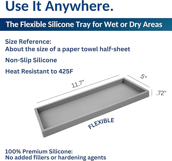 Countertop and Vanity Tray - 11.7" Silicone Bathroom Tray Countertop, Dish Soap Trays for Kitchen Counter, Sink Organizer Caddy Accessories, Toilet Plant Shower Makeup Mat Oil Holder