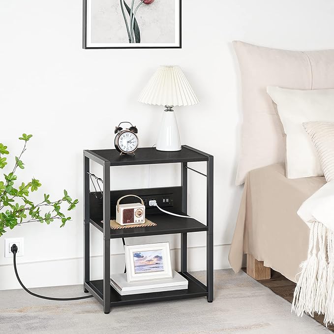 Industrial Printer Cart, 3-Tier Mobile Printer Stand, Rolling Cart with Power Outlets and USB Ports, Home Printer Stand with 2 Hooks, for Office, Living Room, Black PTHB40E01