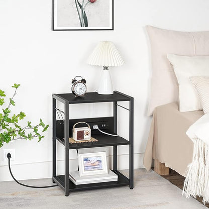Industrial Printer Cart, 3-Tier Mobile Printer Stand, Rolling Cart with Power Outlets and USB Ports, Home Printer Stand with 2 Hooks, for Office, Living Room, Black PTHB40E01